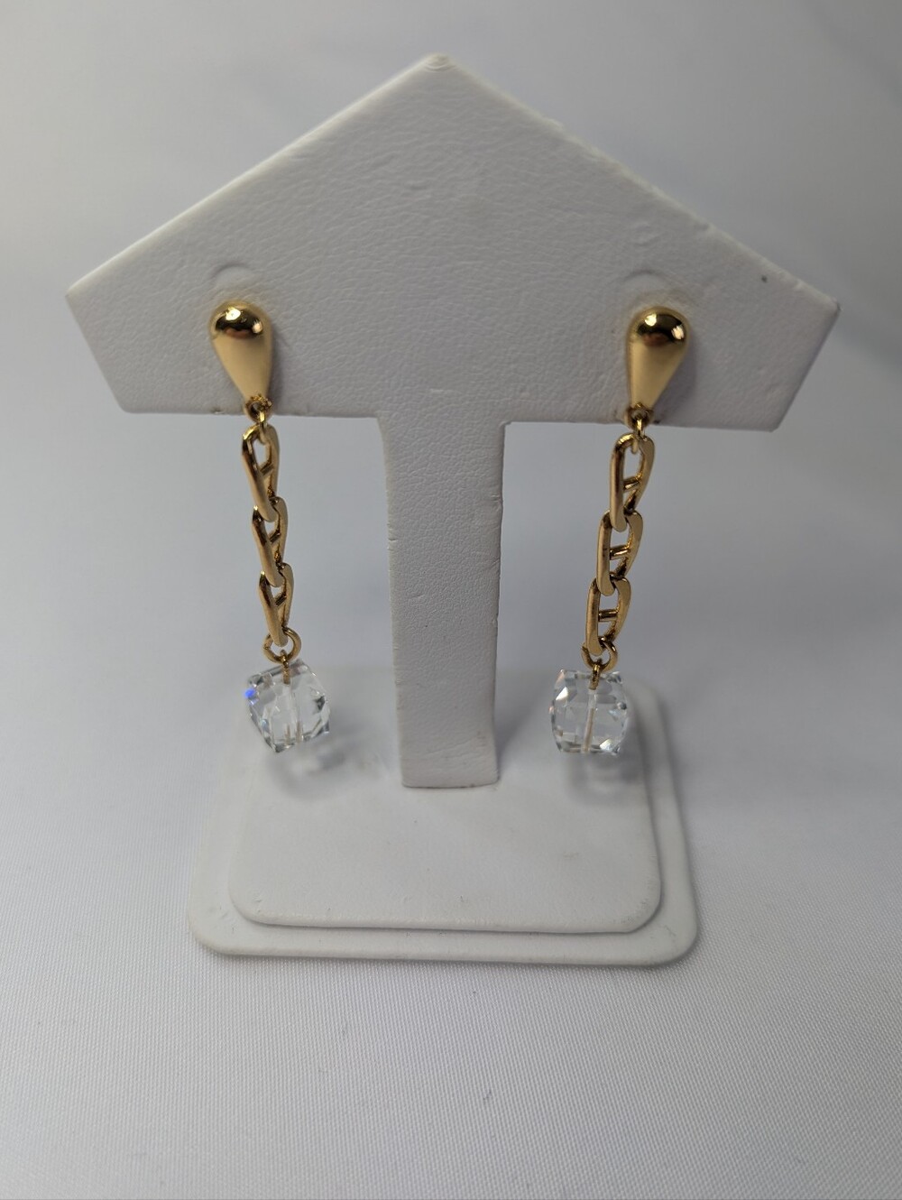 Gold Chain Drop Earrings with Clear Crystal Cubes
